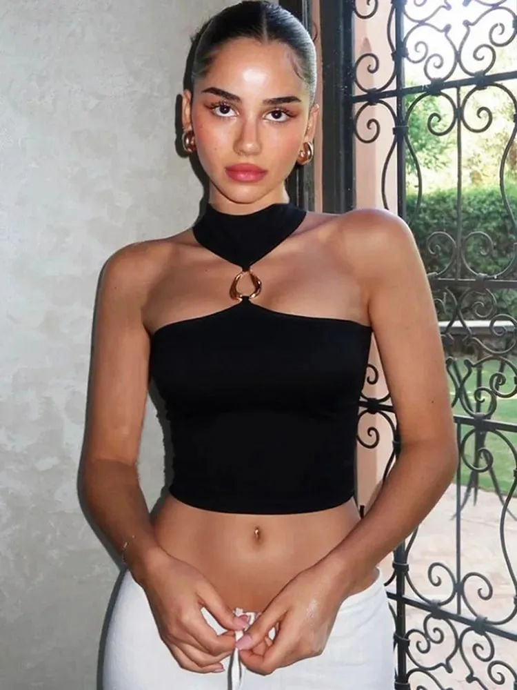 Metal Buckle Decoration Tank Tops Women Turtleneck Off Shoulder Skinny Stretch Street Fashion Wild Style Solid Outfits — image 5