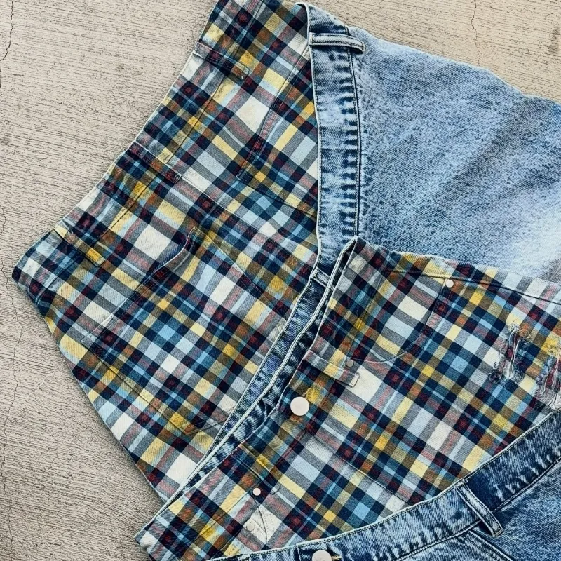 Y2k Harajuku Baggy Jeans Retro Plaid Patchwork Men And Women Wide Leg Pants American Hip Hop Streetwear Casual Jeans — image 7