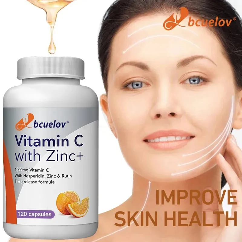 Organic Vitamin C + Zinc Capsules High Absorption Immune Support Antioxidant Collagen Health Supplement - 30/60/120 Counts