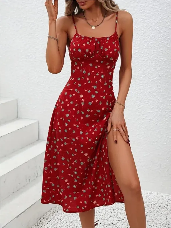 Ny sommar Sexig Spaghetti Straps Klänning Dammode Polka Dot Print Ärmlös slitsklänning Boho Casual Beach Midiklänningar — image 11