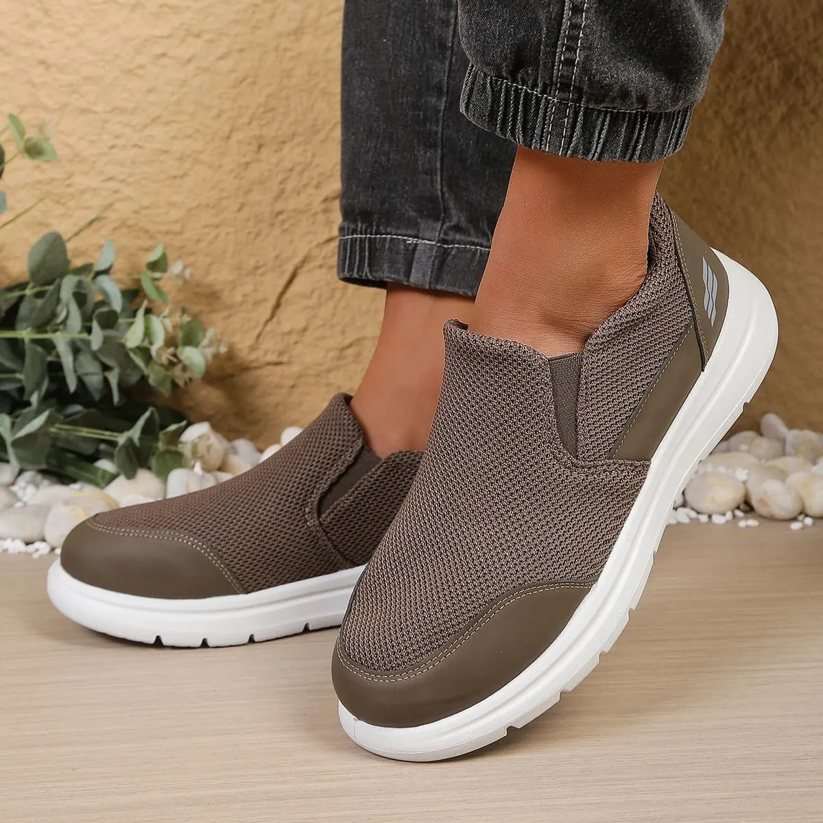 Men's slip-on hollow mesh walking loafers spliced smooth toe overlay dual elastic side gussets block segmented white outsole d — image 2