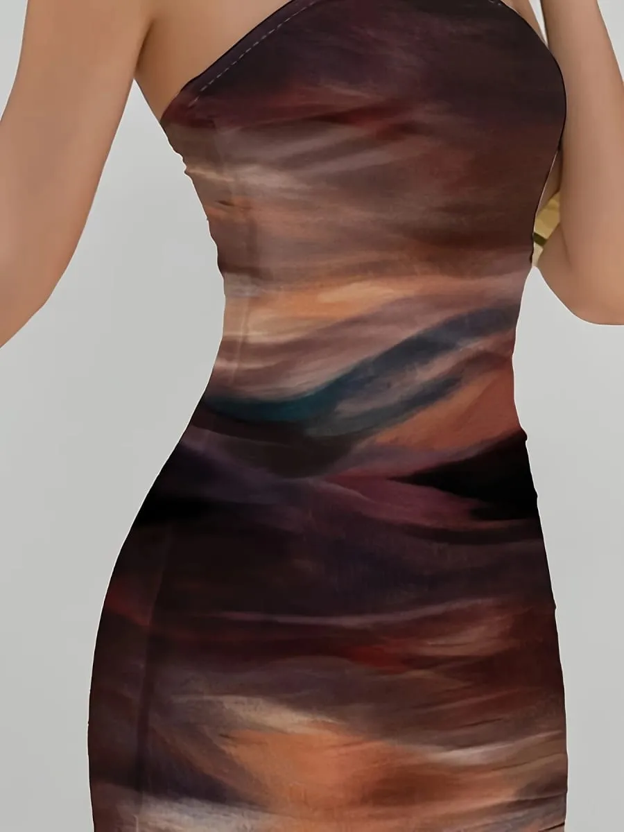 Elegant Women's Knitted Gradient Print Mini Dress Spring Summer New Style Party Holiday Sexy Strapless Slim Fit Gown — image 6