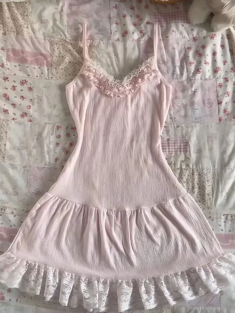 Feminino y2k vintage rendas retalhos vestido de duas peças conjunto verão elegante retro cardigan + doce moda sem mangas magro mini vestido — image 4