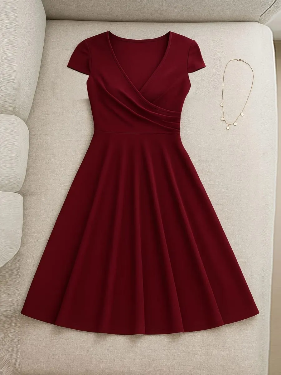 Pambabaeng Elegant Round Neck Summer Short Sleeve Solid A-Line Hanggang Tuhod na Dress High Waist Swagger Party na Kaswal na Pag-alis ng Kasal — image 6