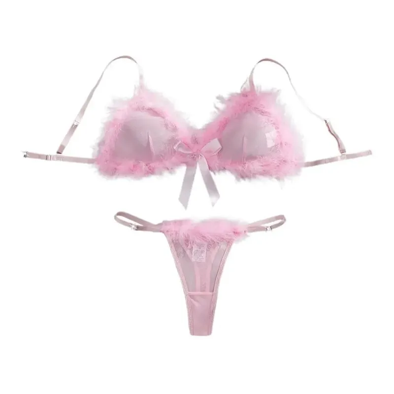 Underclothes Furry Women's Underwear Mesh Transparent Wireless Lingerie Set Bow Decor Romantic Intimate Bra Panties Suit Home