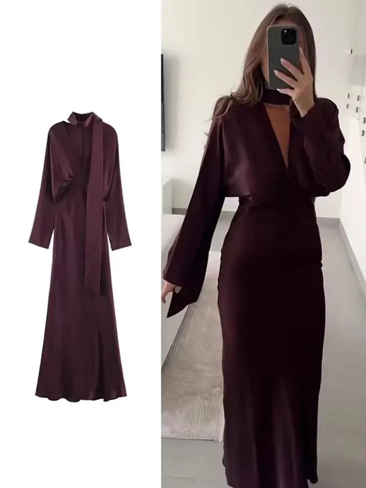 2026-os új sál, tömör, elegáns maxi ruhák női tavaszi V nyakú, hosszú ujjú klubbuli hosszú ruha, női elegáns, karcsúsított ruhák — image 2