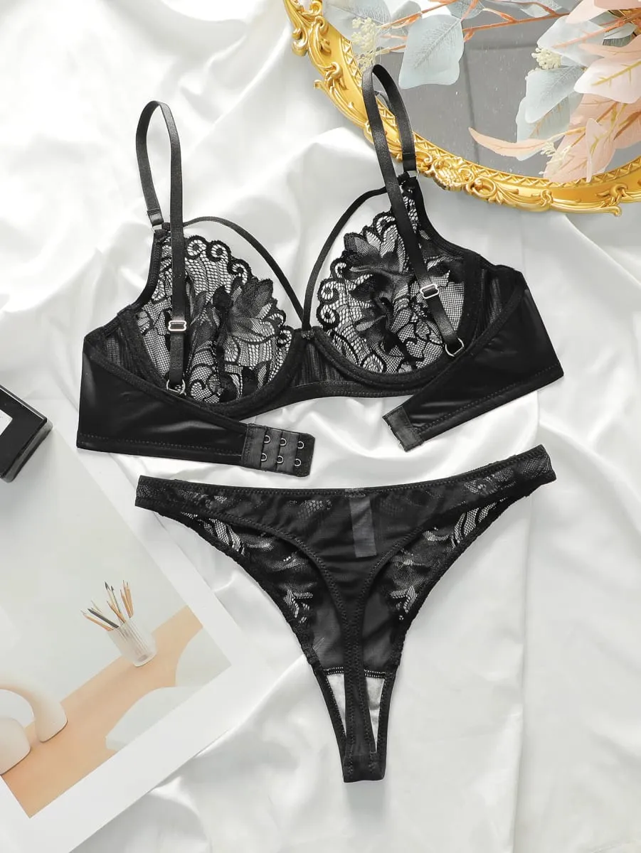 Sexy Black Lace Underwire Unpadded Bra & Panty Set Demi Cup Push Up Bras for Women Matching Lingerie Set Valentine's Day — image 3
