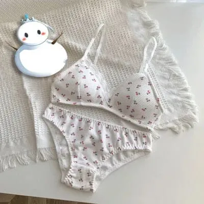 Japanese Sweet Lolita Bra&Panty Set Cherry Strawberry Print Wireless Comfort Bralette Anti Sagging AB Cup MOYISU 32-38-Sexy Bras — image 10