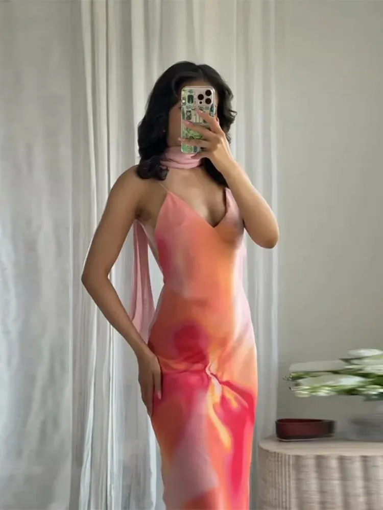 Elegante tie-dye gradiente impressão sling vestido longo com cachecol feminino férias sem mangas sem costas vestido de noite verão férias roupões — image 4