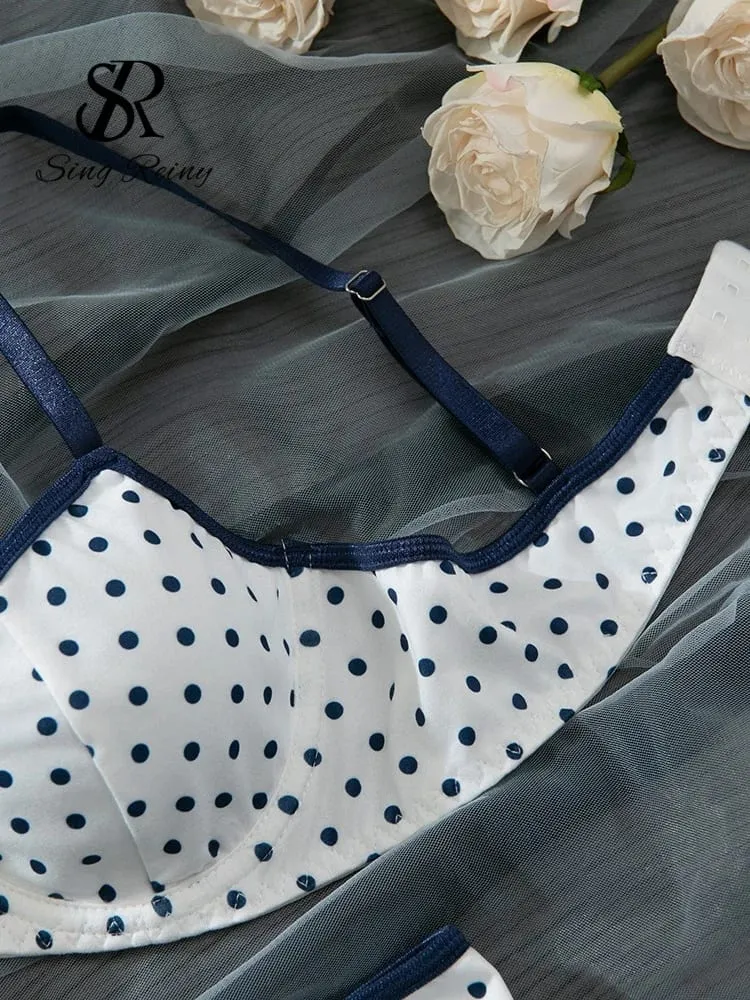 Conjuntos de lingerie com estampa de bolinhas francesas, sutiã com alça para mulheres + cuecas doces, roupa íntima vintage, 2 peças — image 4