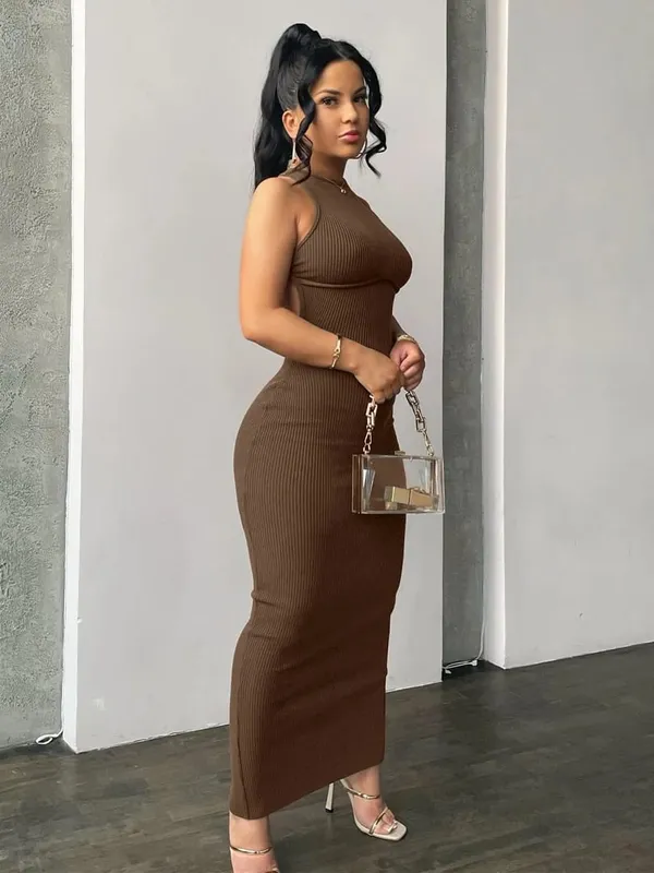 Hugcitar Ribbed Solid Hollow Out Backless Sleeveless Sexy Slit Mini Dress Bodycon 2025 Spring Women Outfits Elegant Party Y2K