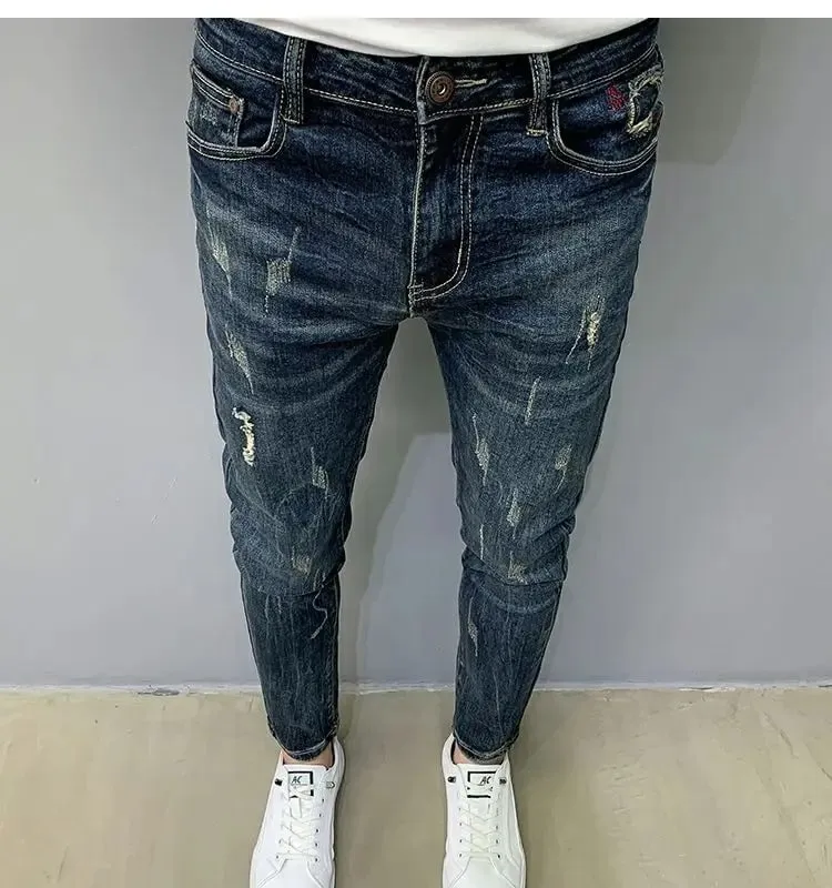 Harajuku Fashion Autumn New Blue Jeans Men's Trendy Brand Scratches Cargo Work Korean Slim-fitting Trousers Luxury Elastic Pants — image 8