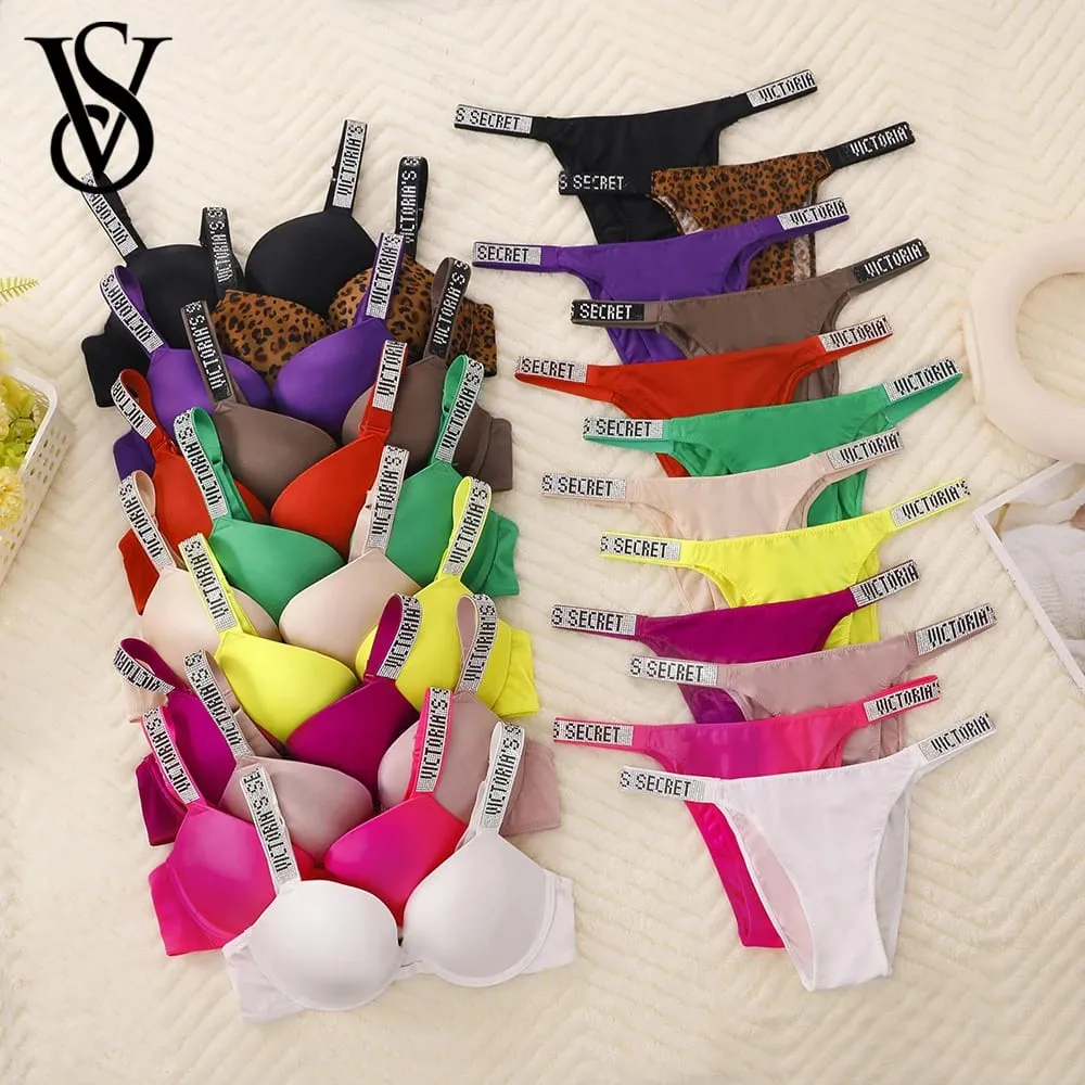 Victoria Secret Hot Sexy Lingerie Set Very Sexy Logo Shine Strap Push Up Bra With Shine Script Thong Panty — image 1