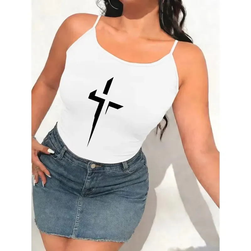Women Gothic Spaghetti Strap Cami Tank Top Vintage Distressed Cross Print Sleeveless Camisole Y2K Streetwear Casual Summer Tops