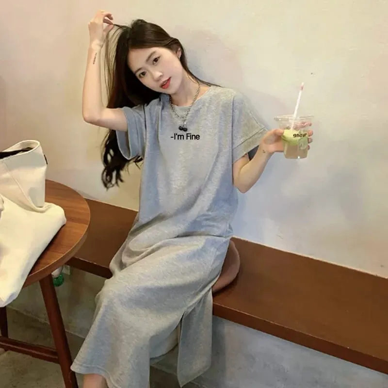 Women Korean Loose T-shirt Dress Summer Letter Print Split Midi Dress O Neck Short Sleeve Casual Lazy Long Dress — image 4
