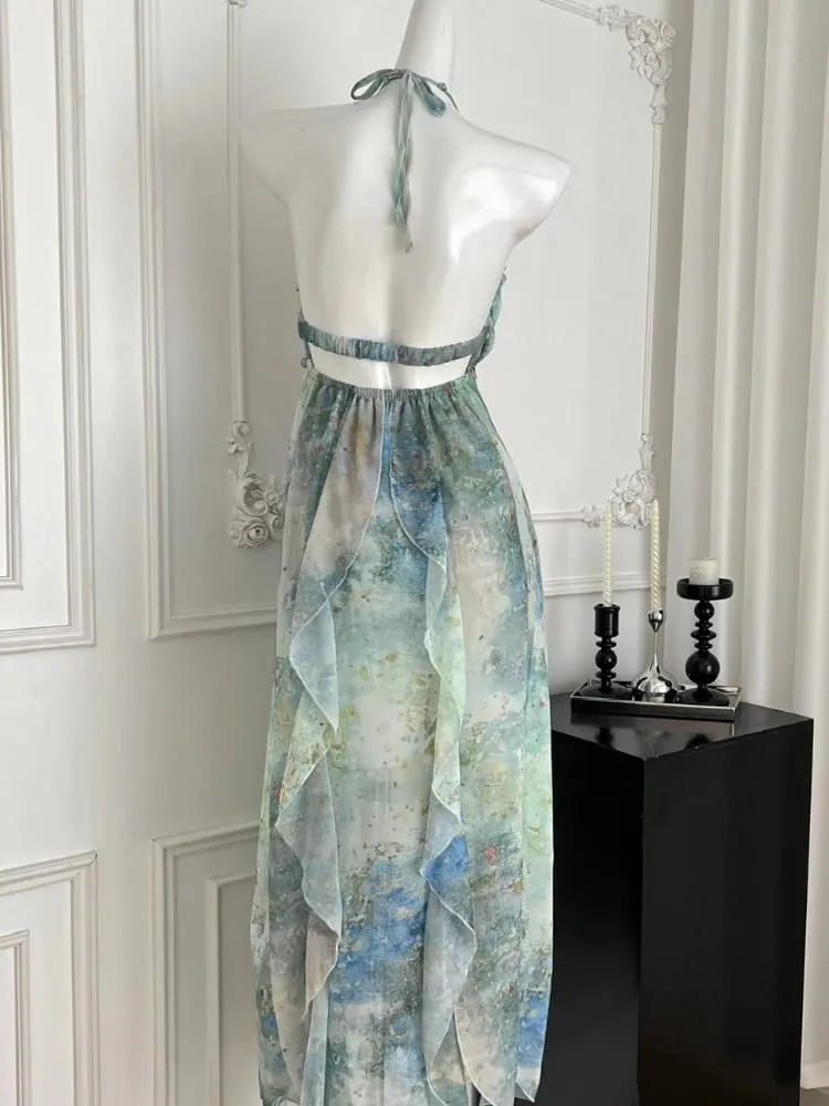 2025 elegante halter pescoço babados maxi vestido feminino azul verde floral impressão boêmio design praia férias casual vestido de festa novo — image 3