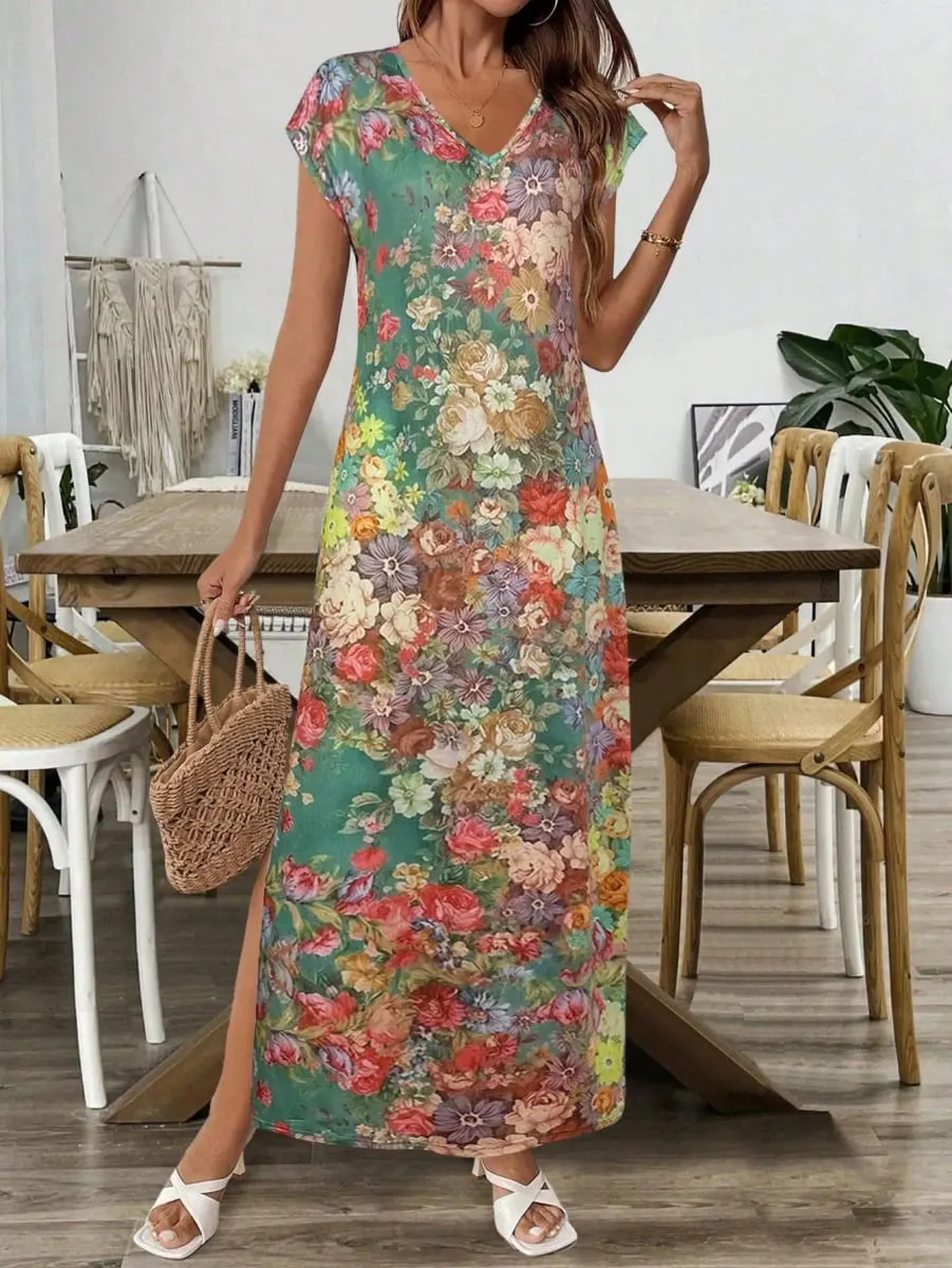 2026 Summer New Fashion Womens Colorful Floral Print V Neck Short Sleeve Maxi Dress Side Slit Summer Boho Loose Fit Long Dress — image 5