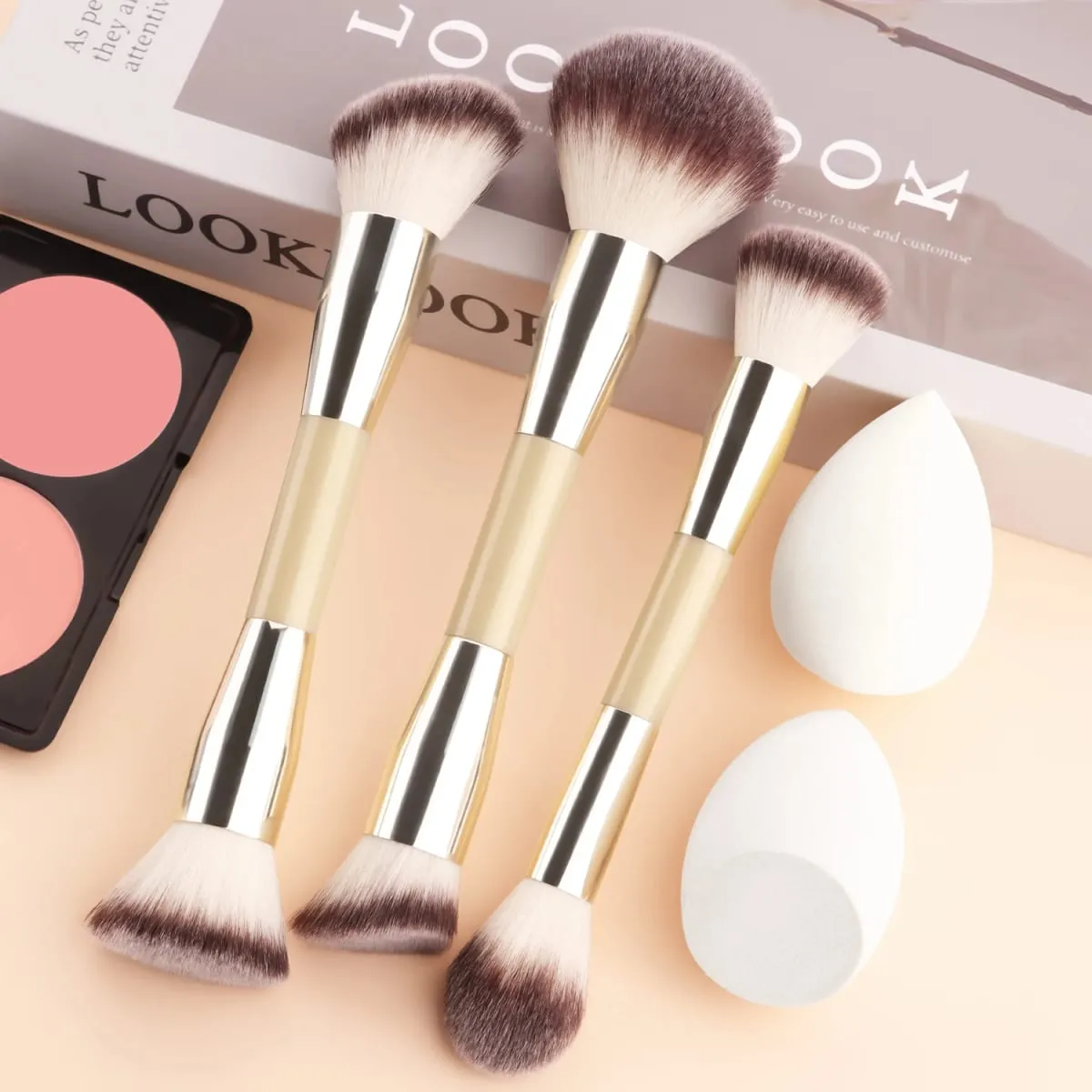 5Pcs Makeup Tool Set 3 Double Ended Brushes 2 Beauty Sponges For Foundation Blush Contour Face Cosmetic Kit — image 1