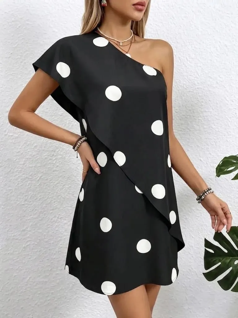 Ladies Elegant Casual Simple Polka Dot Print Ruffle Hem Dress Women's Fashion Round Neck Short Sleeve Dress — image 4