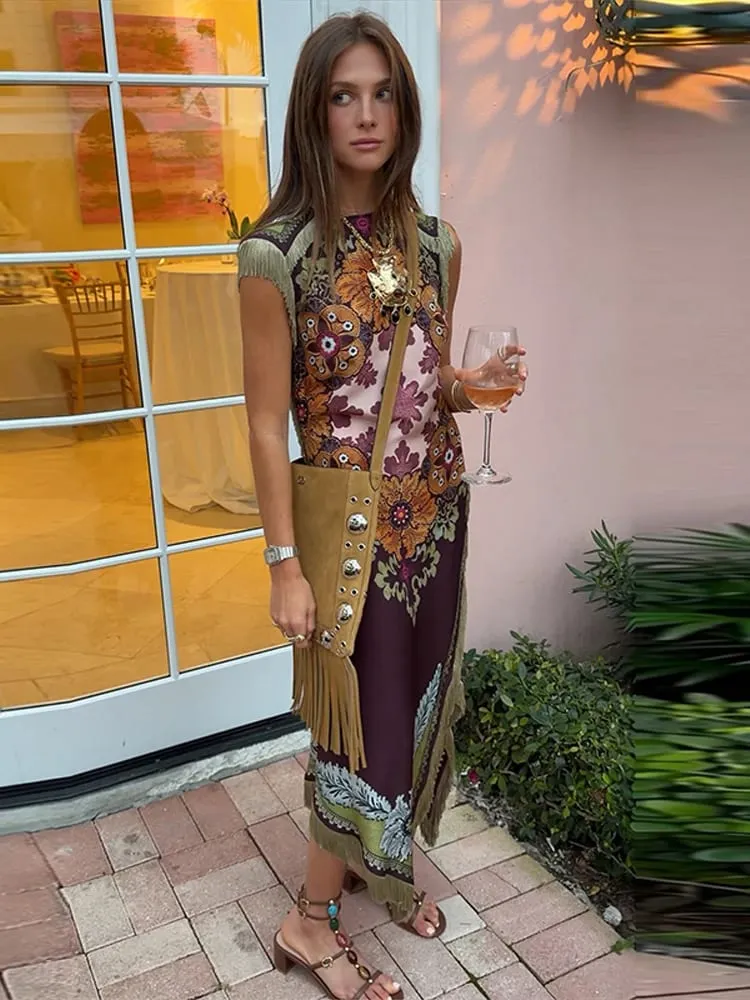 Elegante impresso feminino borla vestido franjas sem mangas magro irregular festa vestidos de noite 2026 primavera verão senhora vestidos — image 4