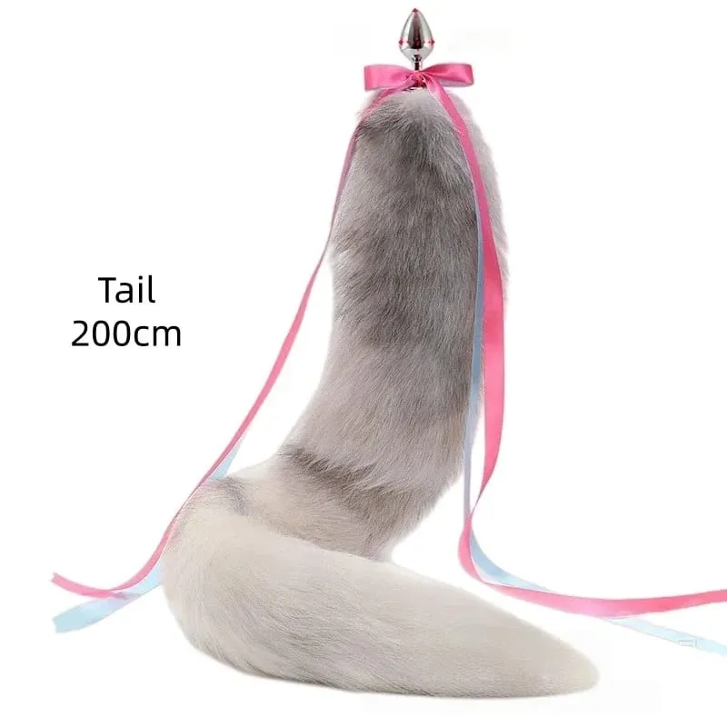 200cm Soft Real Fur Fox Tail Anal Plug with Split Design Metal Butt Plug for Women Cosplay Costume Flirt Sensory Sex Toys