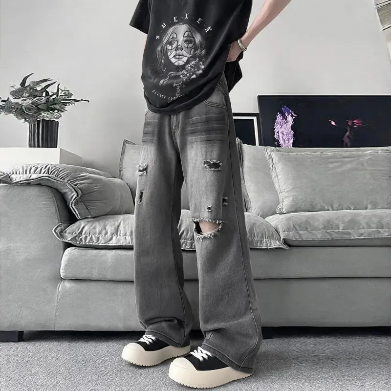 Summer Men's Distressed Denim Pants 2026 New Gray Washed Ripped Loose Straight Leg Casual Streetwear Jeans — image 6