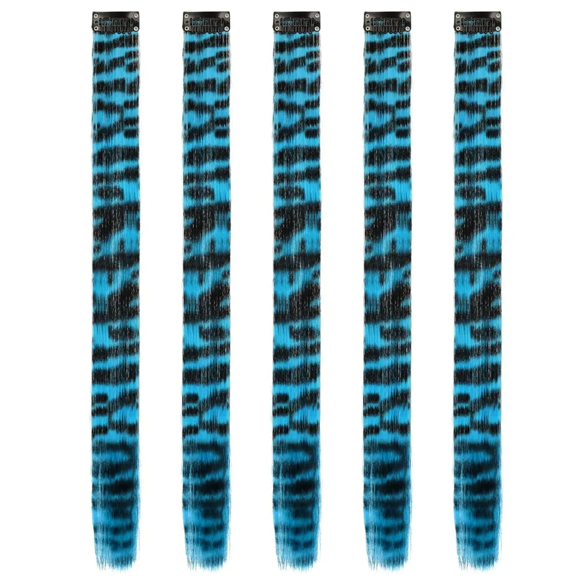 Leopard Printed Clip in Hair Extensions -5 PCS Blue Long Synthetic Straight Clip in Hair Extensions Stripe Printed Hairpiece — image 2