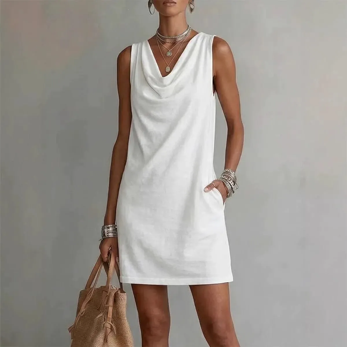 2026 Sundress Sexy Sleeveless Mini Dress Women Summer O-Neck Pockets Short Dresses For Women Elegant Beach Holiday Dress Boho — image 1