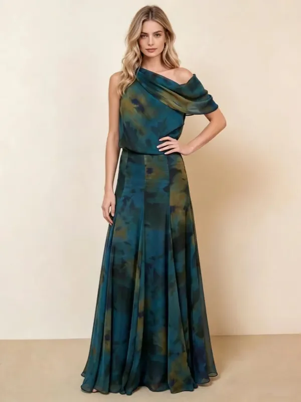 Pambabaeng Elegant Asul na Watercolor Print Maxi Dress Walang Manggas Cowl Neck Satin Formal Evening Gown A-line Floor Length Party Dress
