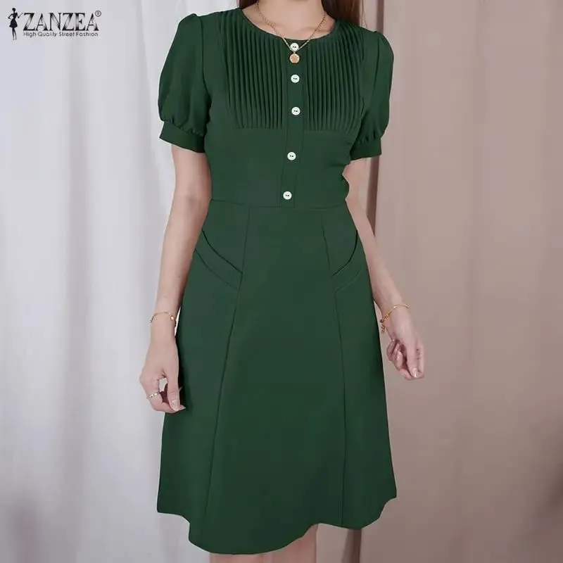 Summer Pleated Women Dress Fashion ZANZEA Solid Vestidos Short Sleeve Sundress OL Work Streetwear Party Knee Length Dresses — image 3
