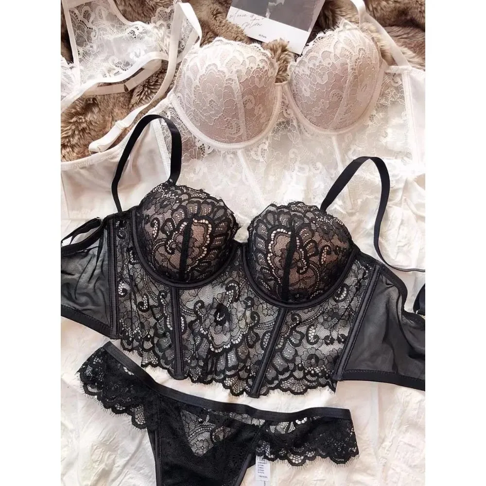 Sexiga kvinnor Fransk spets Fishbone BH Mjuk bygel 3/4 kopp Push Up Anti Sag Side Breast Shaper Comfort Daily Underkläder — image 3