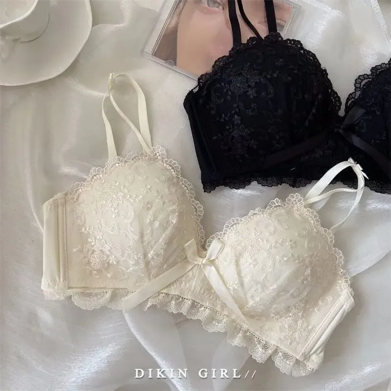 Conjunto de sutiã bordado de renda sexy com peito pequeno reunido para coleção acessório seios sem jantes de aço conjunto de roupa interior — image 6
