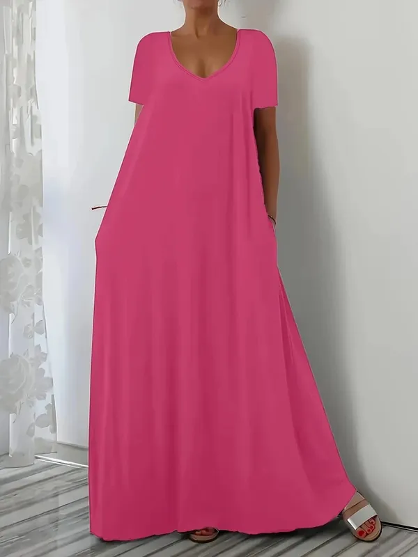 Plus size verão nova saia longa casual solto manga curta cor sólida com decote em v vestido plus size para mulher — image 6