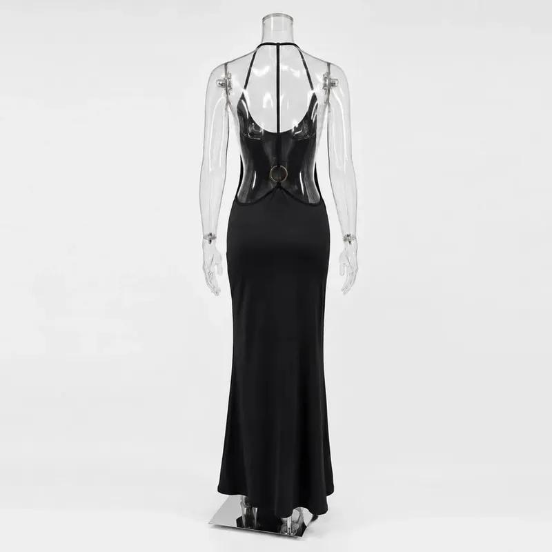 Tossy Kvinnor Grimma Rygglös Bodycon Maxiklänning Öppen rygg Spaghetti Rem Guld Ring Afton Festklänning Sommar Strand Lång Klänning