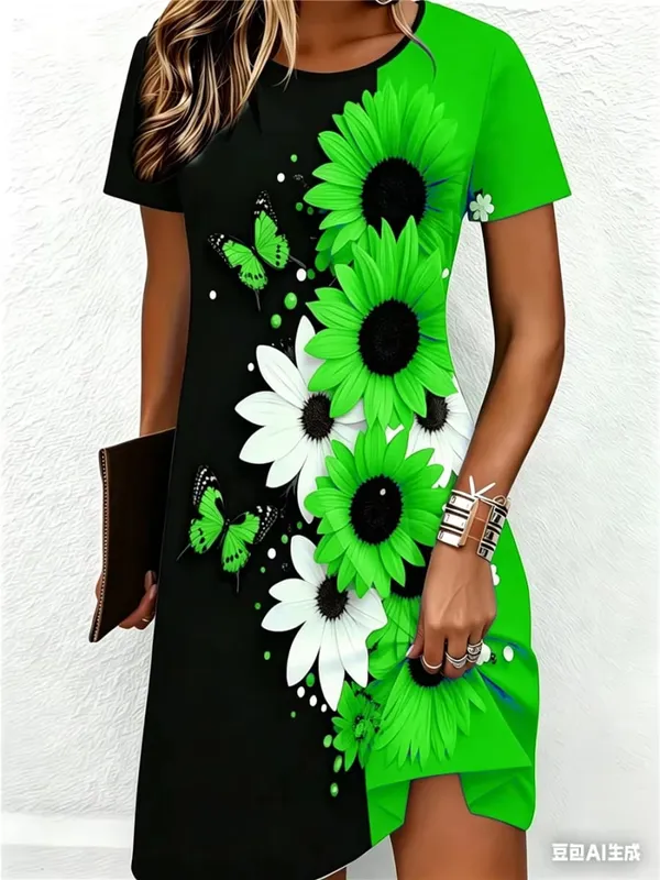 Street Hip Hop Flowers And Butterflies Women Mini Dresses Summer Short Sleeve 3D Printed Fashion Dress 3XL Big Size Casual Dress — image 3