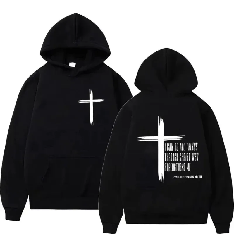 Men's Hoodie with Religious Cross and Motivational Text Prints Pullover Style Autumn Fashion Hooded Hoodie Casual Hoodie Unisex — image 3