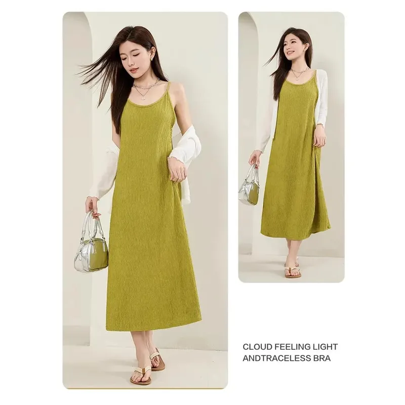 Original Black White Chiba Pleated Suspender Fashion Slimming Dress Pambabaeng Casual All-Match Loose Drooping Dress — image 8