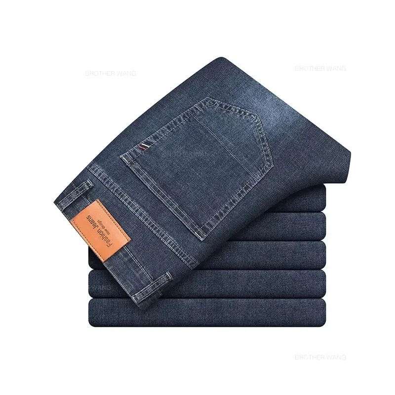 Marca de verão masculina ajuste reto leve algodão estiramento jeans negócios casual cintura alta fina luz cinza calças dos homens