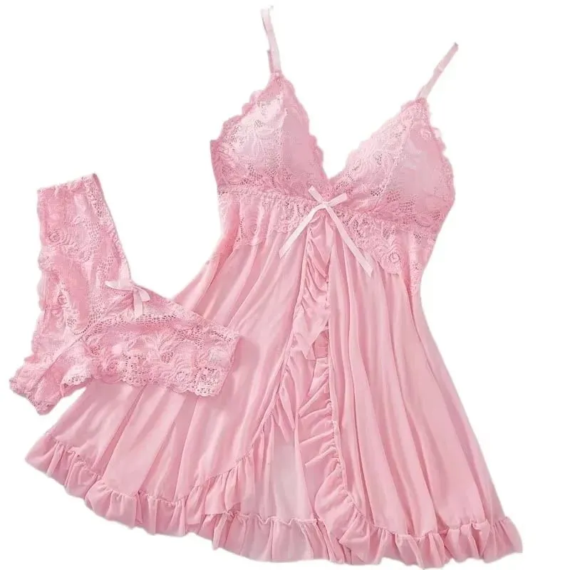 Sexy Lingerie Set Women Erotic Bra Nightdress Sexy Lace Sleepwear Solid Slim Soft Dresses V Neck Full Slip Sleepwear & Dresses — image 1