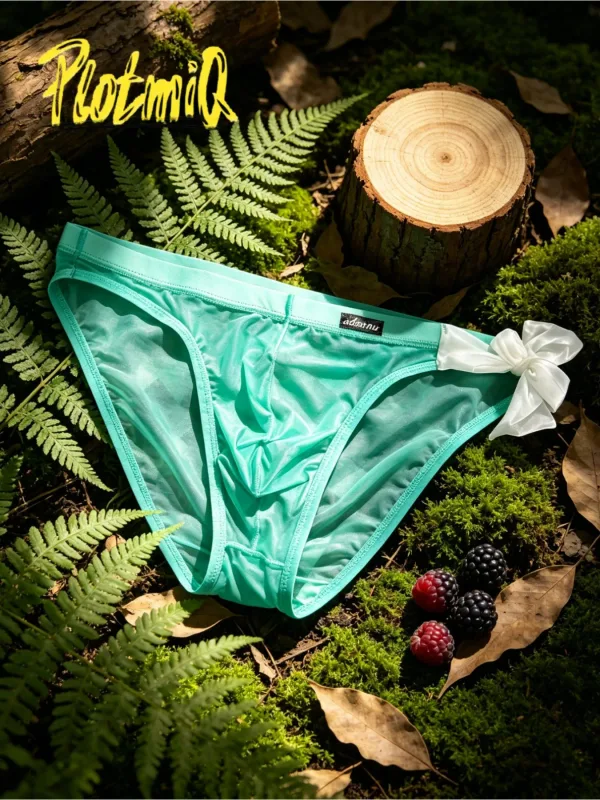 1 Buah Celana Dalam Bikini Jaring Tipis Pria Kain Tembus Pandang Kuning Cerah Dekoratif Pita Putih U Kantong Cembung Pakaian Dalam Pria Bertingkat Rendah