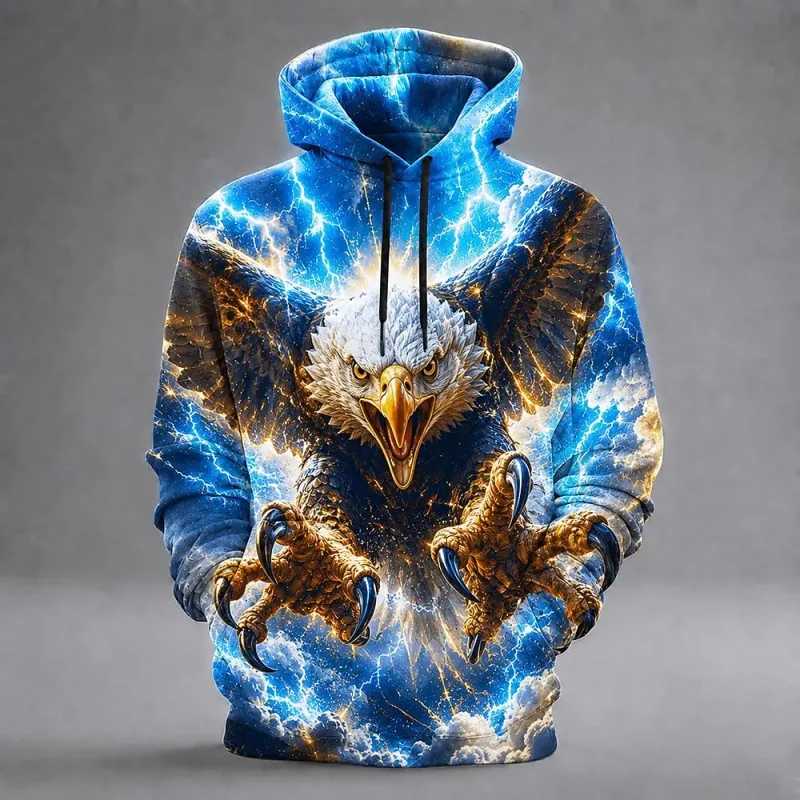Men's Eagle 3D Printed Hoodie, Lightning Storm Eagle Graphic Sweatshirt, All Over Print Long Sleeve Pullover Streetwear — image 4