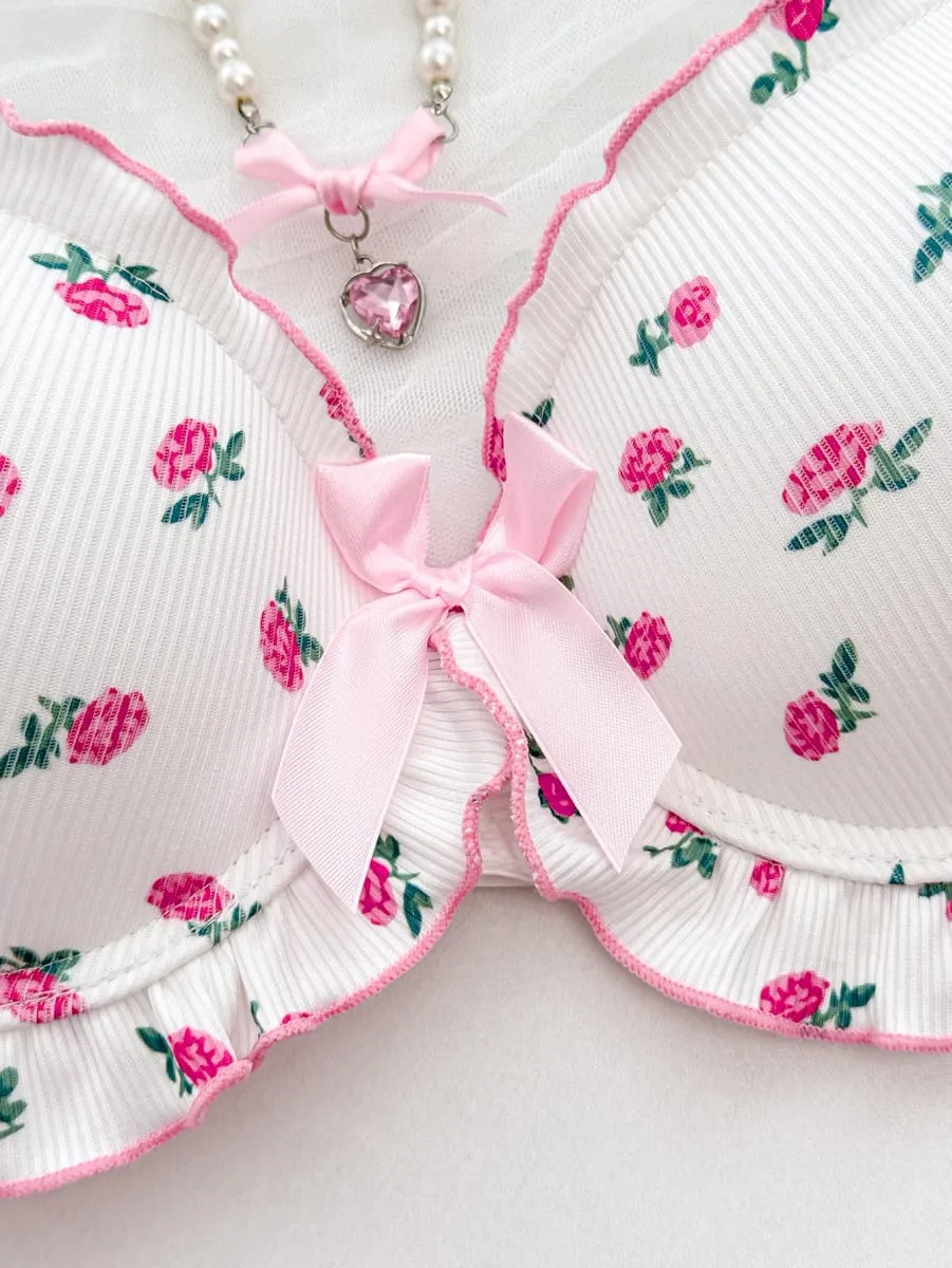 Floral a b c d cup conjunto de roupa interior feminina malha com nervuras push up sutiã diário conforto calcinha feminino babado borda lingerie conjunto — image 3