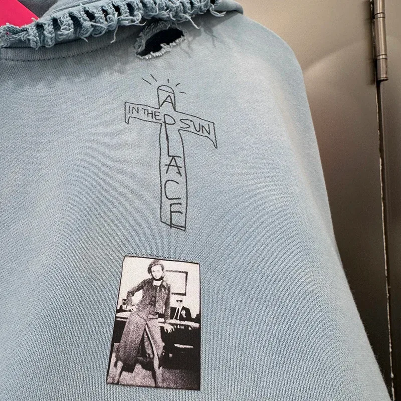 Light Blue PALY Letter Crystal Hoodie Ripped Washed Fashion Patch High Street Casual Men Women 1:1 Zipper Sweatshirts — image 5