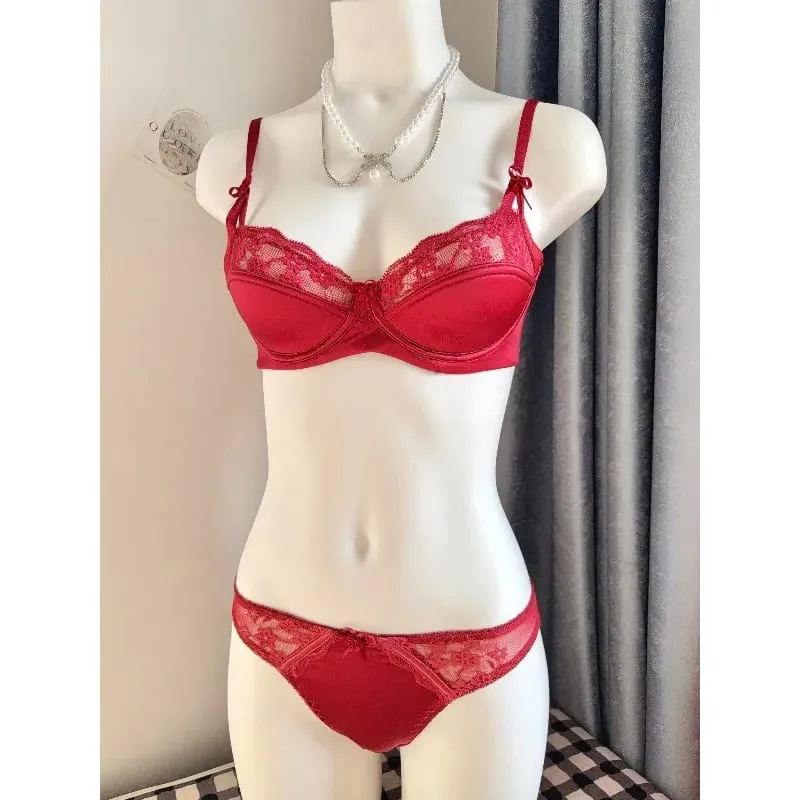 Popular Red Lace Minimizer Bra Set Ladies Half Cup Ultra Thin Big Bust Soft Support Bridal Party Honeymoon Night Out 32-38 Suit — image 4