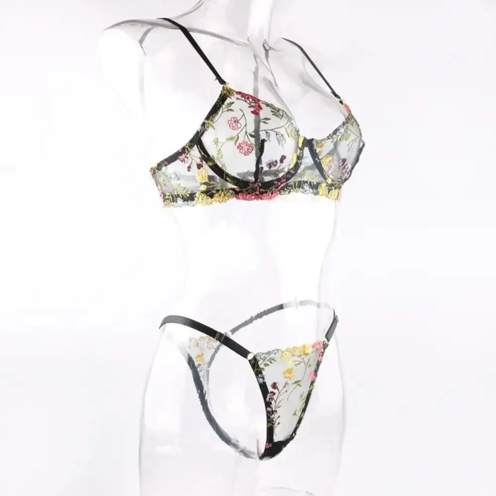 2-Piece Versatile Floral Lingerie Set Embroidery Sheer Women Underwear Wireless Bra — image 3