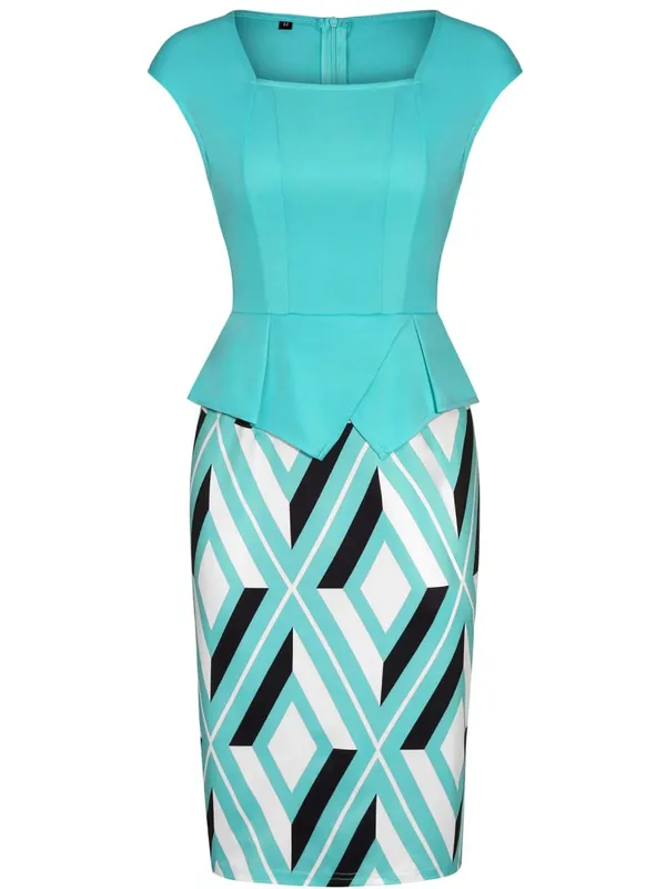 Womens Geometry Print Square Neck Peplum Work Office Knee Length Patchwork Business Casual Party Pencil Bodycon Sheath Dress