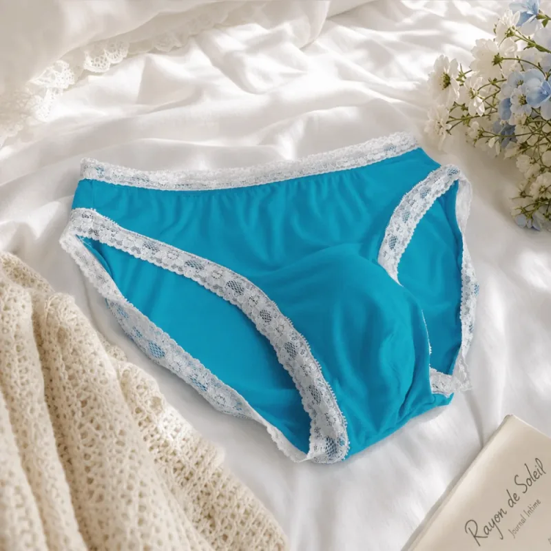 Breathable Ice Silk Men's Underwear Lingerie Low Waist Men's Lace Trim Briefs Panties U-Convex Pouch Brief Youth — image 10