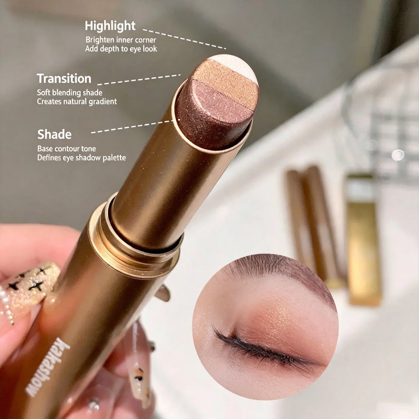 Kakashow Three Color Pearl Glitter Eye Shadow Stick Gradient Delicate Shiny Eyeshadow Waterproof Long Lasting Daily Eye Cosmetic — image 7