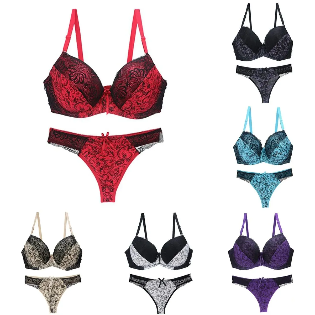 Women Color Block Floral Lace Print Bra Briefs Set Push Up Adjustable Support Sexy Thong Panties Daily Women Lingerie Set