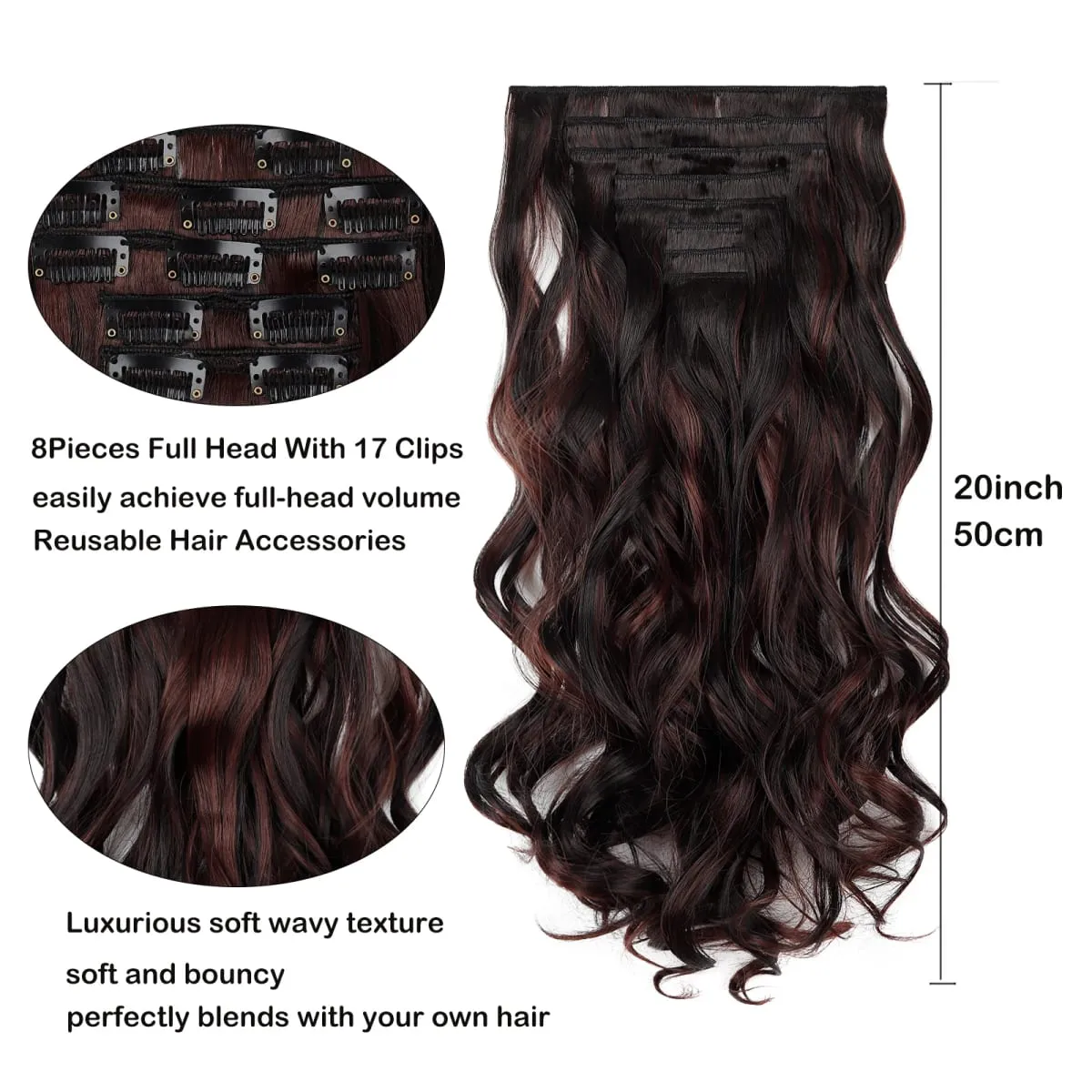Clip-In Hair Extensions 8Pcs Set 17Clips Matte Synthetic Wavy Full Head Hairpiece for Women Daily Use Easy to Install